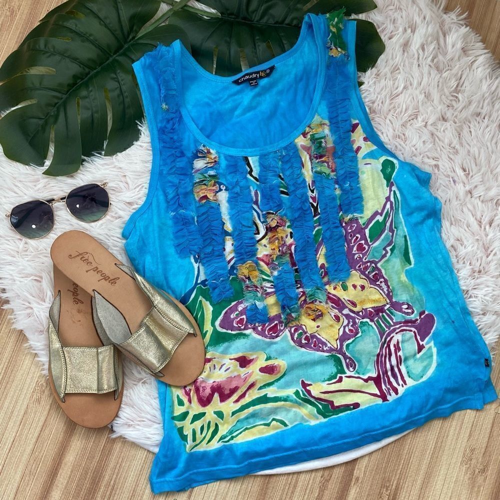 Chaudry KC Y2K Blue Ruffle Colorful Butterfly Floral Sleeveless Blouse sz M EUC